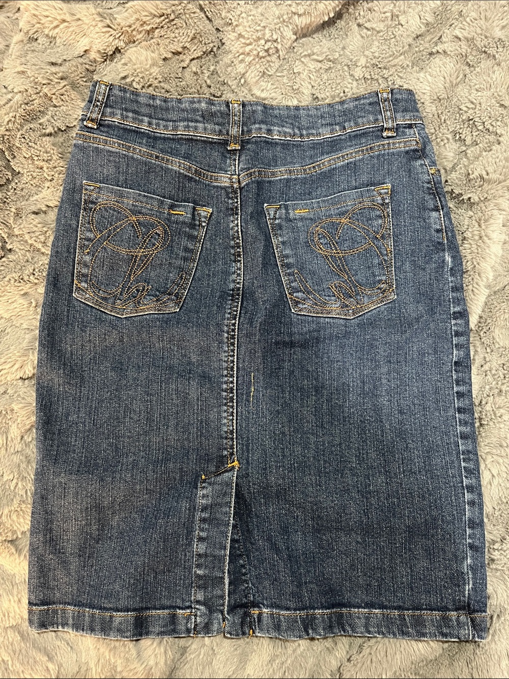 Authentic Carolina Herrera Blue Denim Pencil Skirt with Embroidered Back Pockets